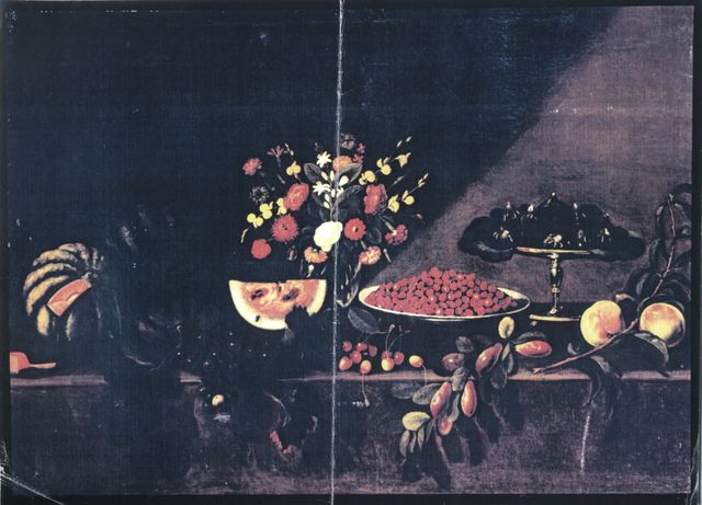 Anonimo — Maestro della natura morta di Hartford - sec. XVI - Natura morta con frutta, vaso di fiori e alzata — insieme